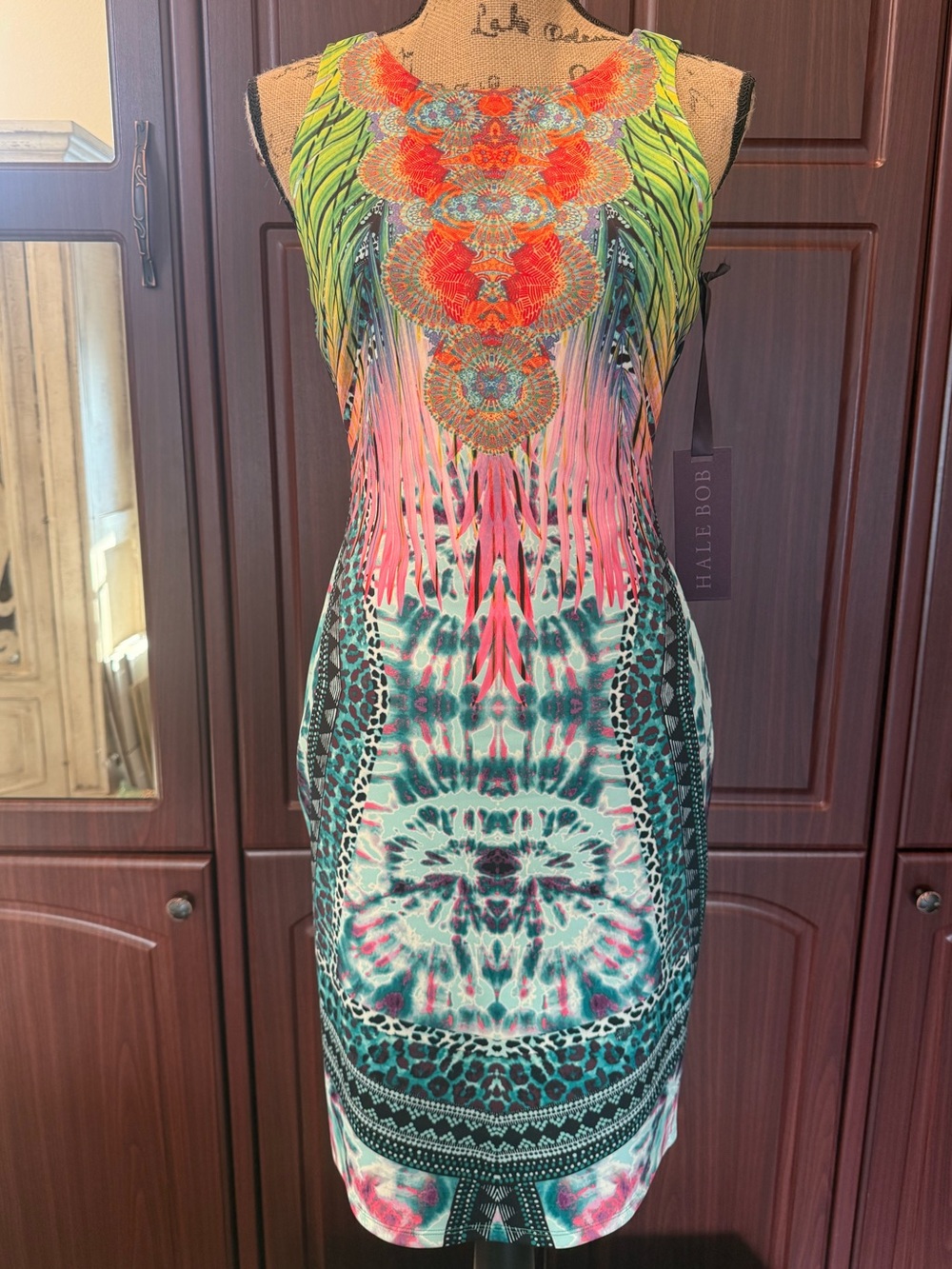 Hale Bob Neon Coral & Aqua Printed Mini Dress